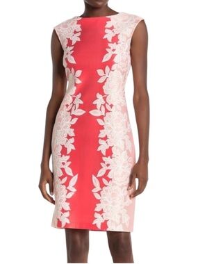 Sleeveless Coral White Floral Lace-Trim Sheath Dress 18W Stunning & Classic